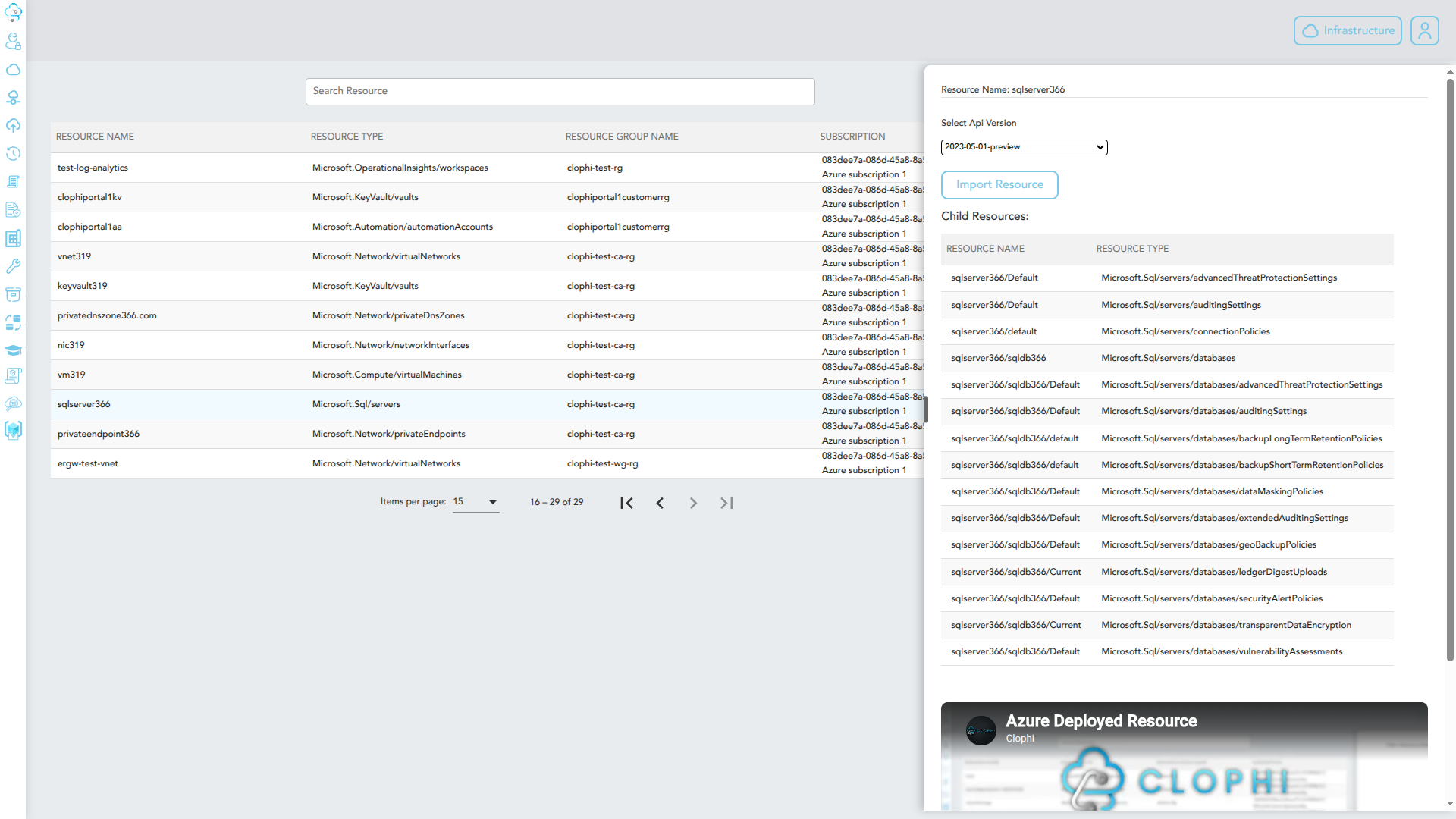 Resource list with child resources tab and API version selector