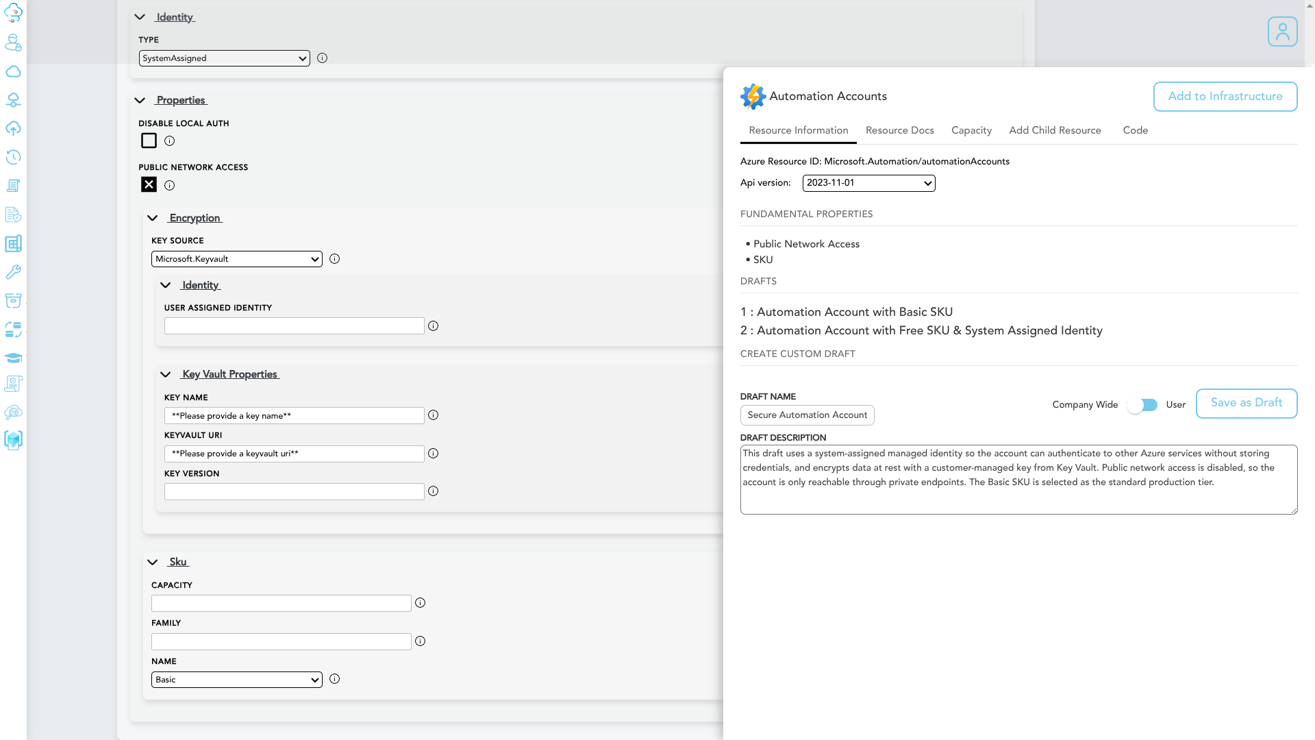 Custom draft creation dialog with visibility options