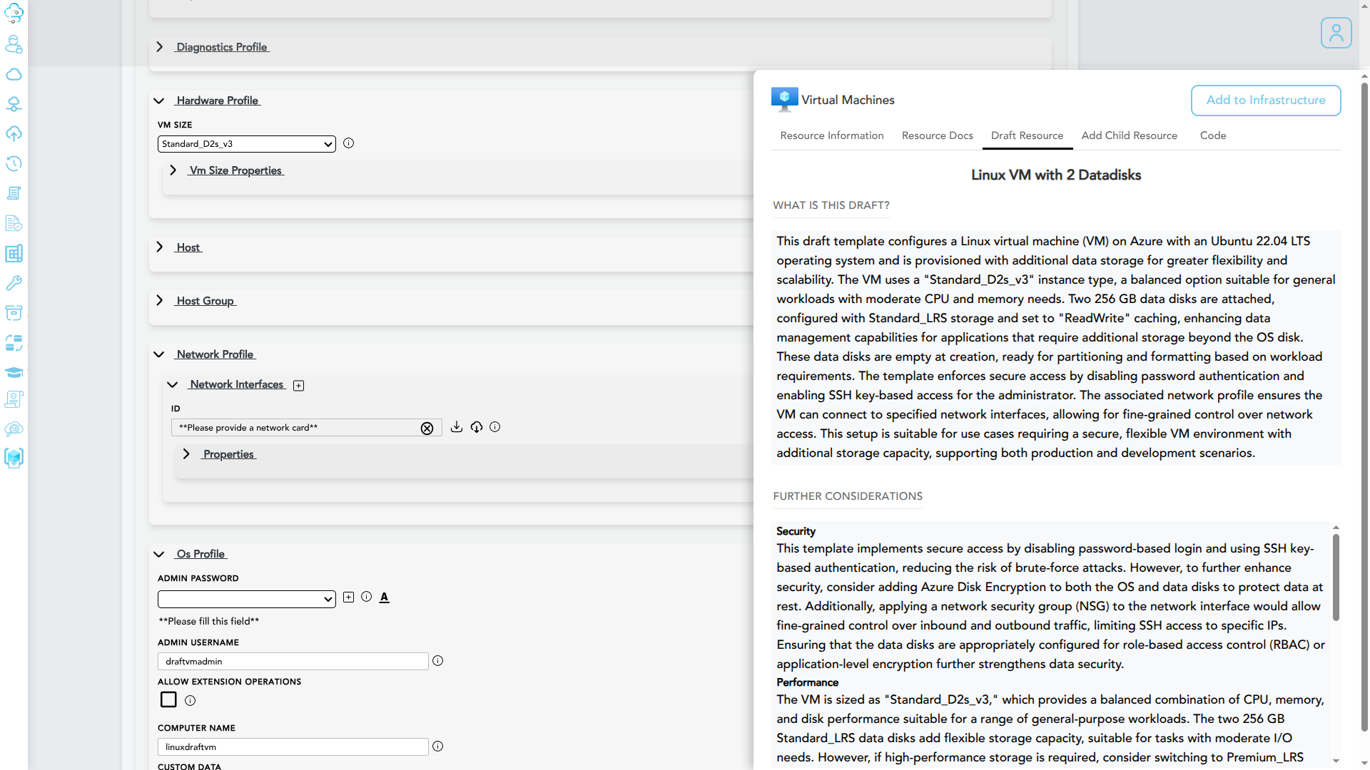 Resource form populated by a draft template with documentation and code in the right tab