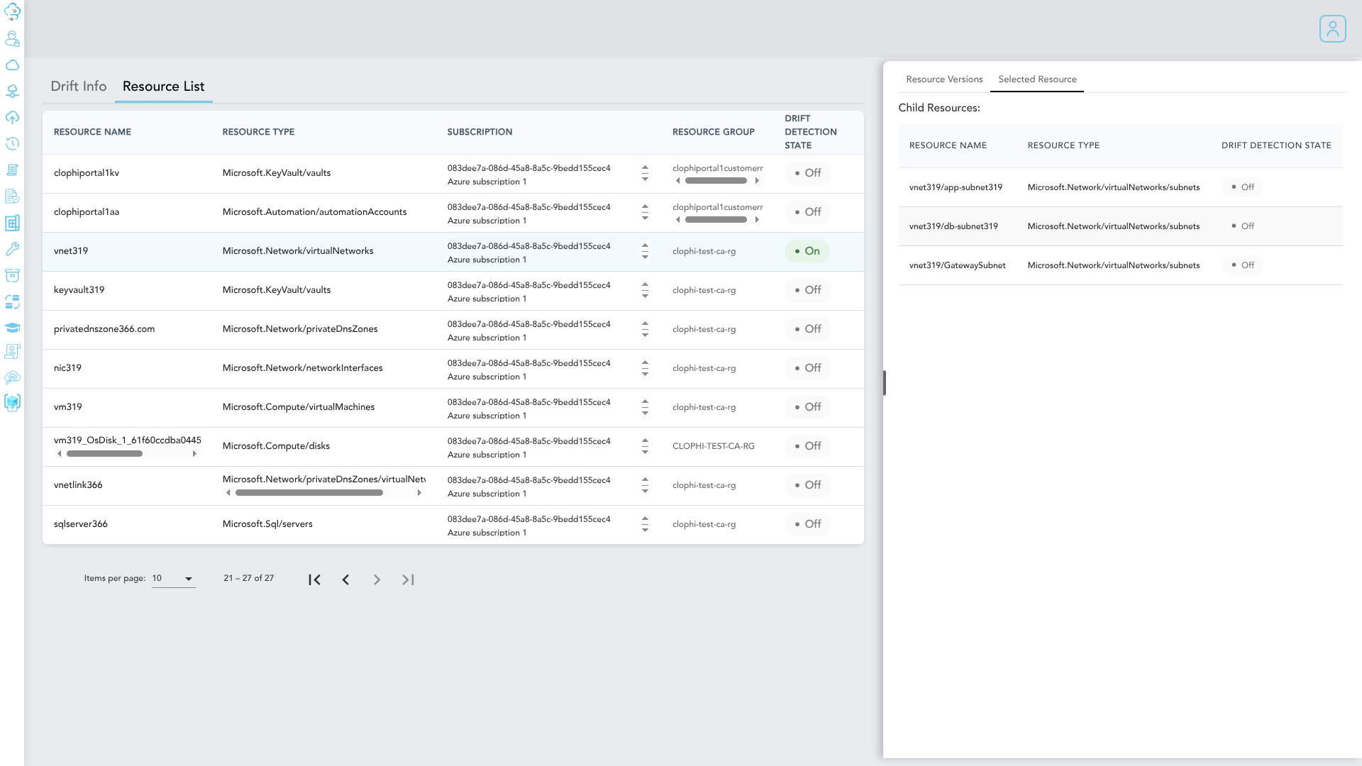 Selecting a resource and enabling drift detection on child resources