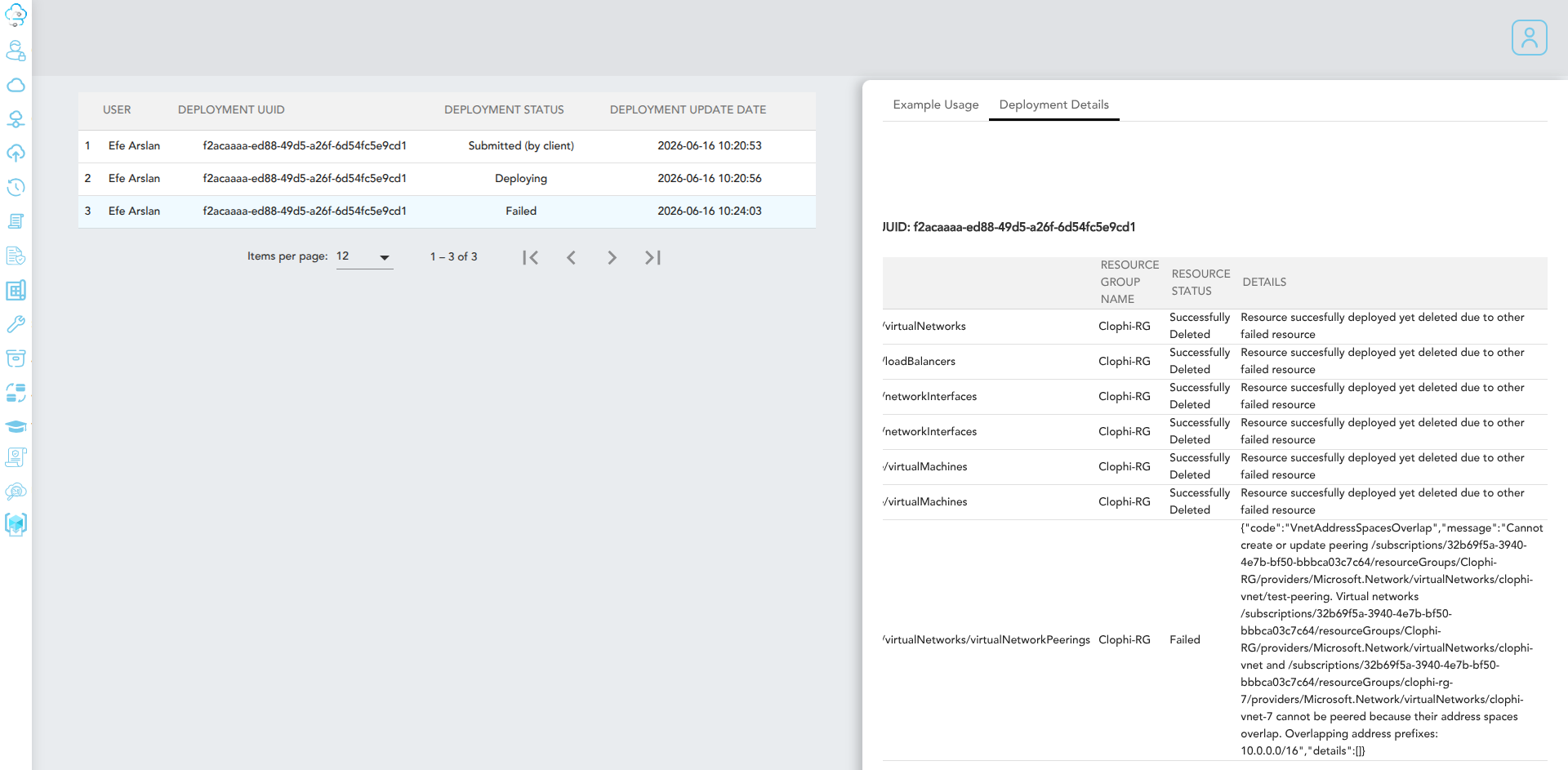Deployment result view showing status and error details for a failed deployment