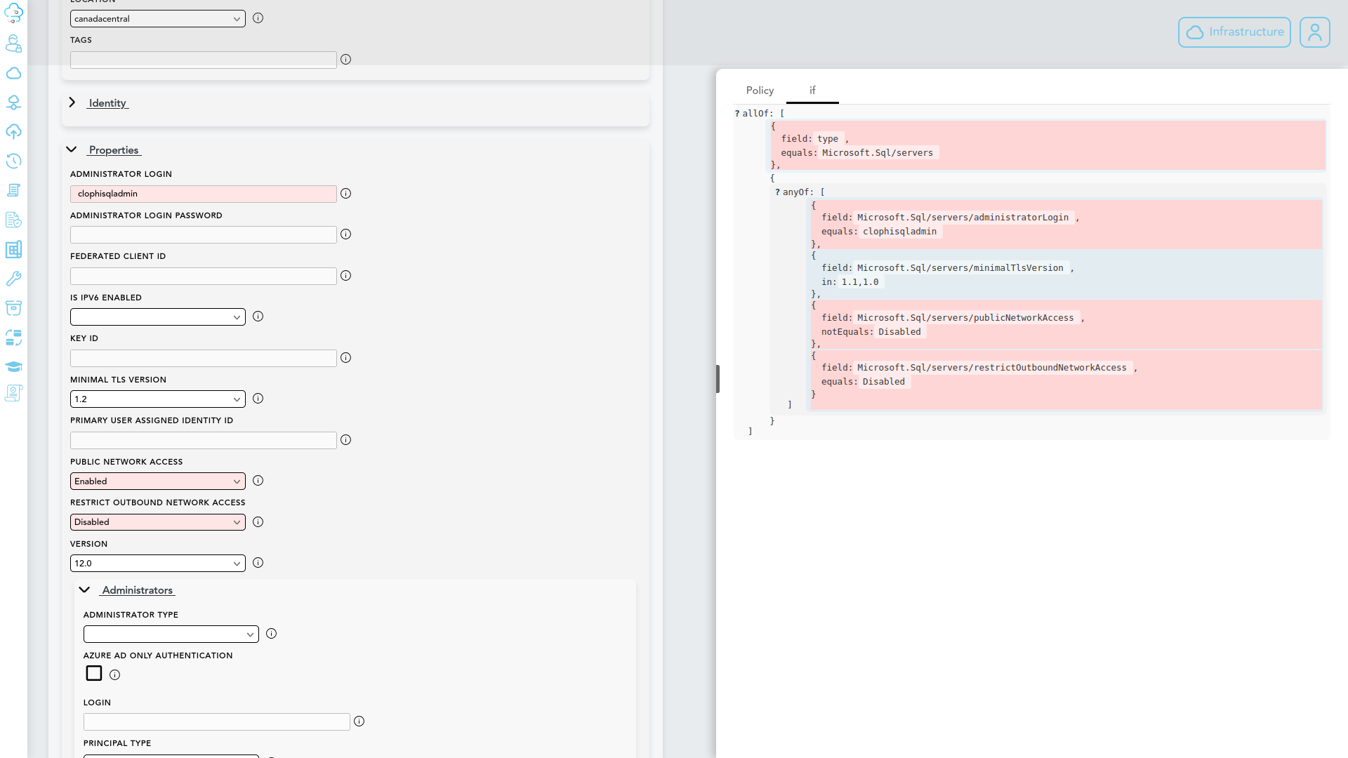 Split compliance report view with resource on the left and policy rule on the right, with red markers on failed fields and conditions
