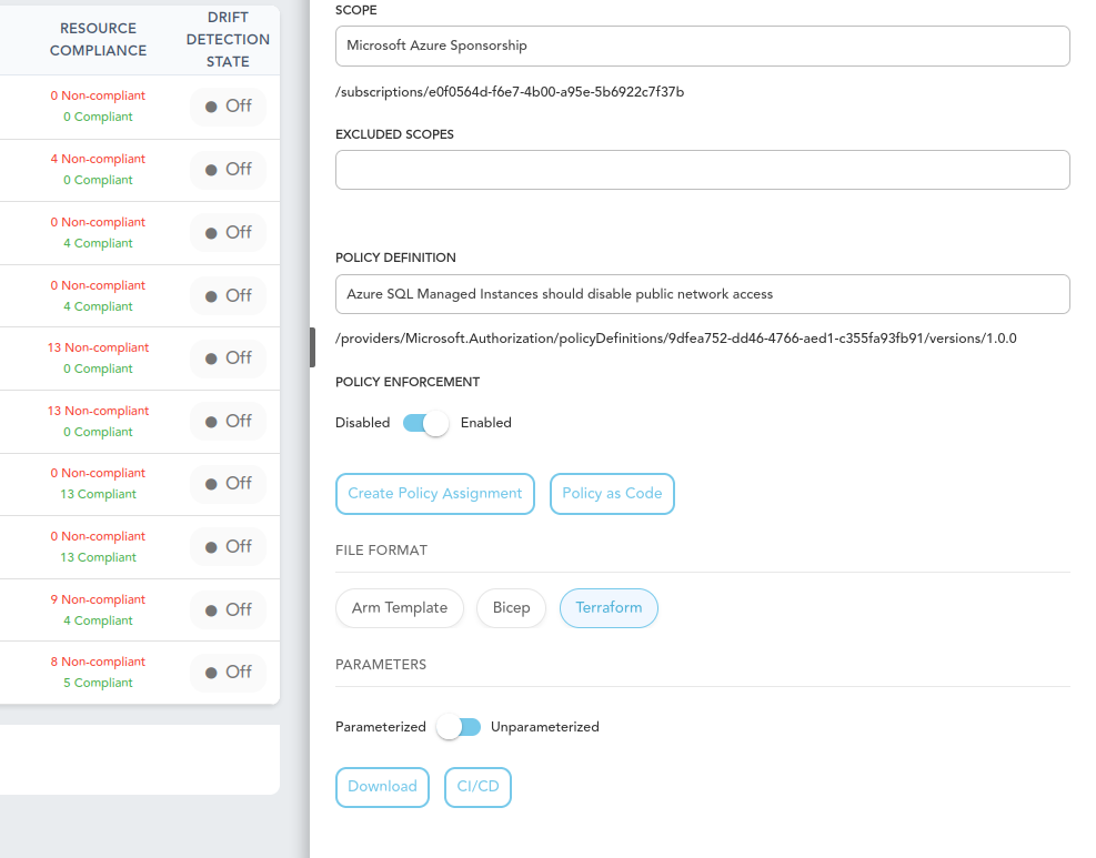 Right tab showing Policy-as-Code export options for a selected policy definition