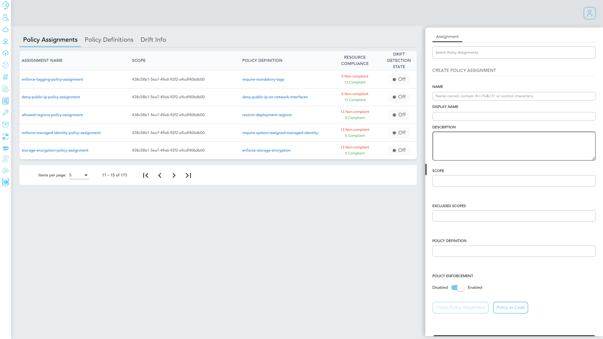 Policy assignment creation form in the right tab