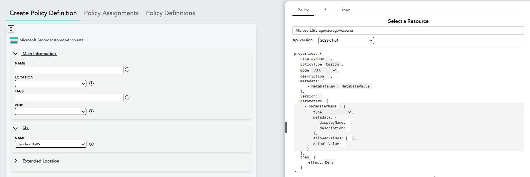 The Policy section showing parameters and metadata configuration