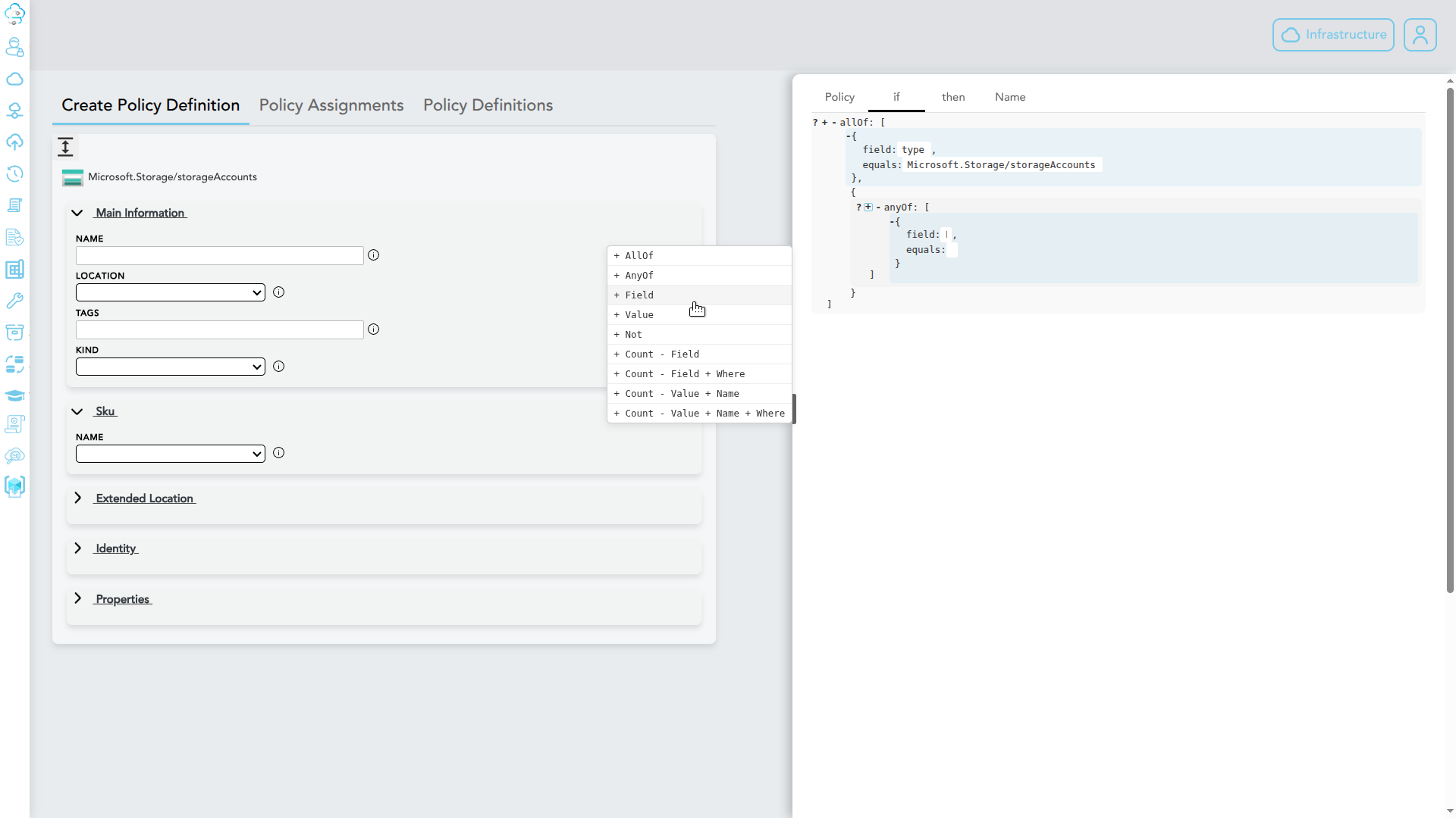 The If section of the policy builder with condition rows