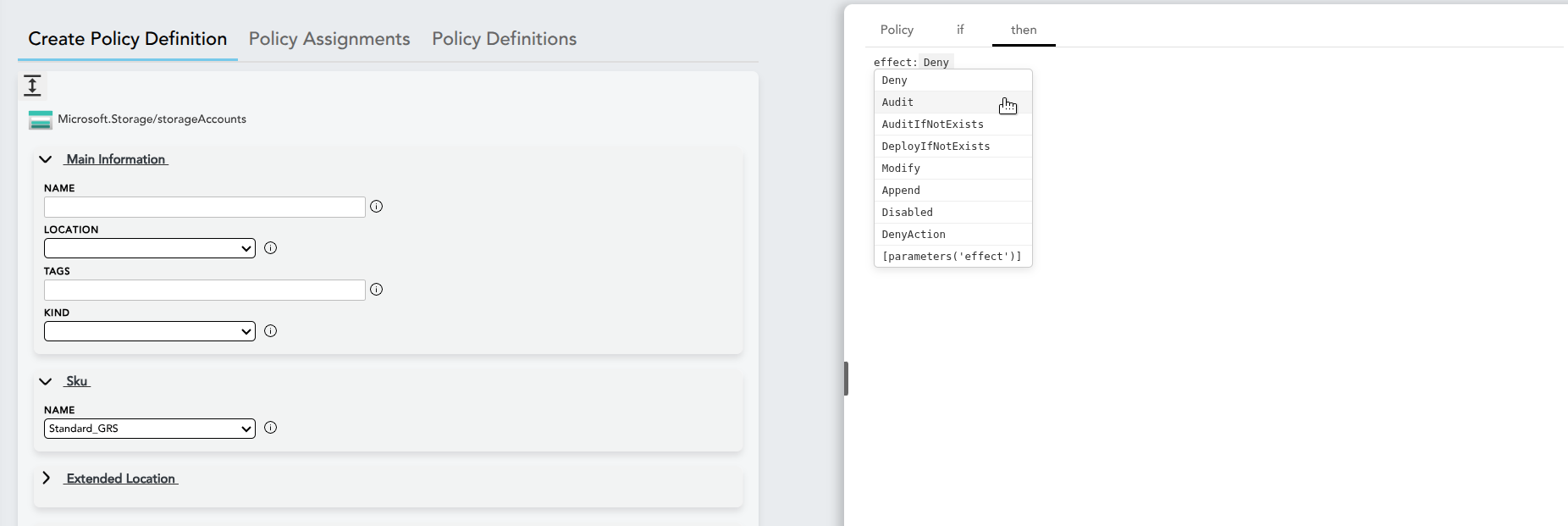 The Then section of the policy builder showing effect selection