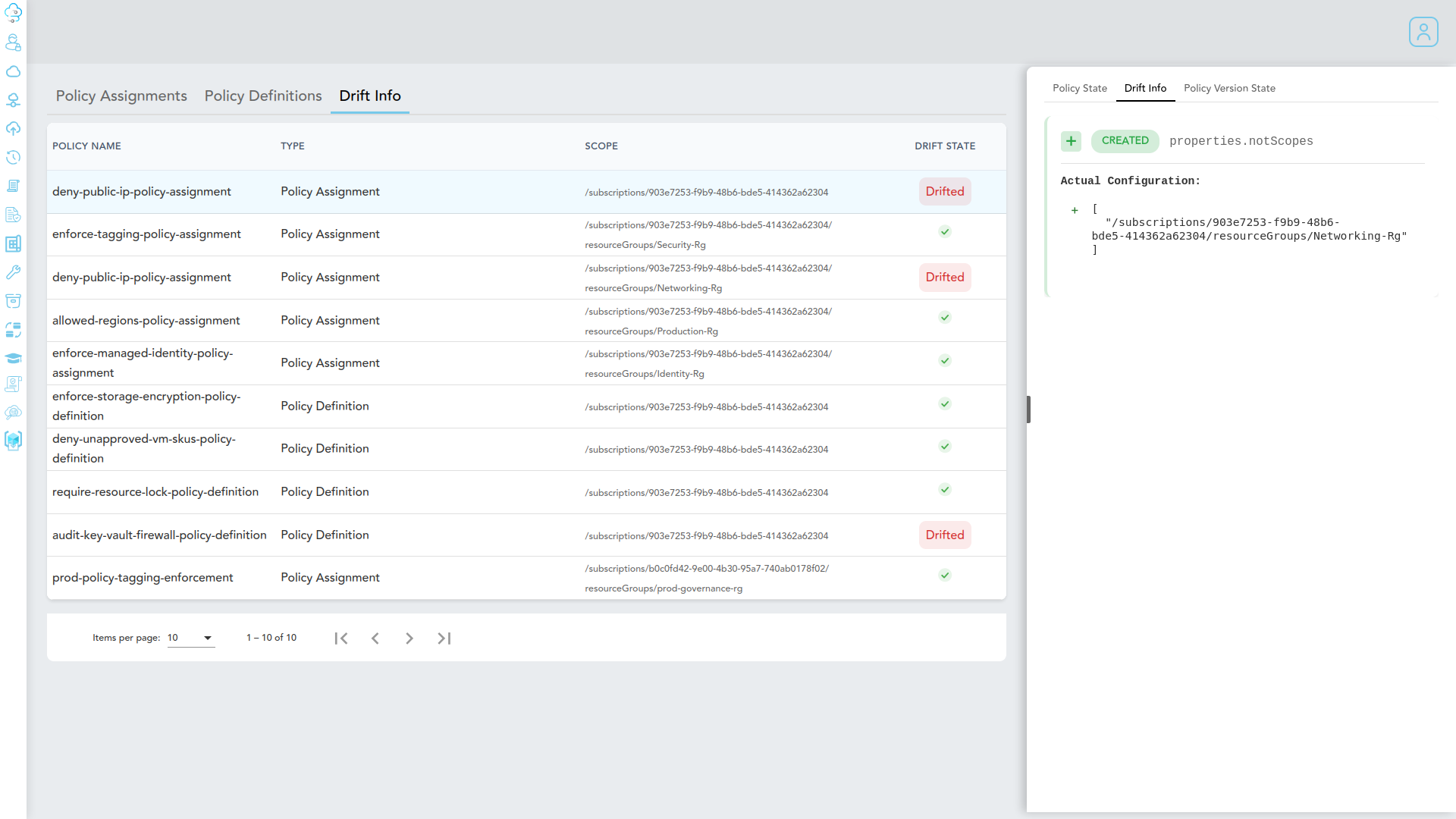 Policy Drift Info tab showing detected changes against the baseline