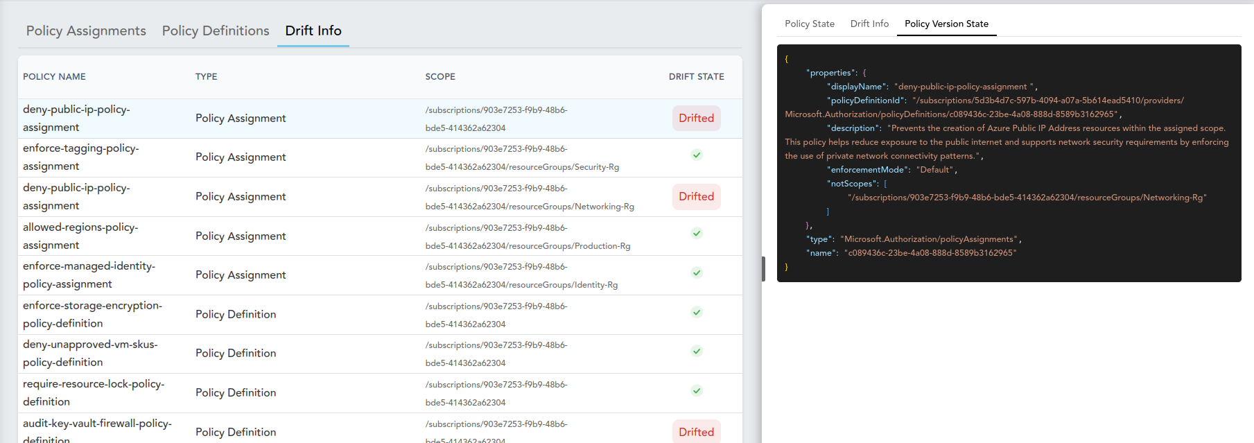 Policy Drift Info tab showing detected changes against the baseline
