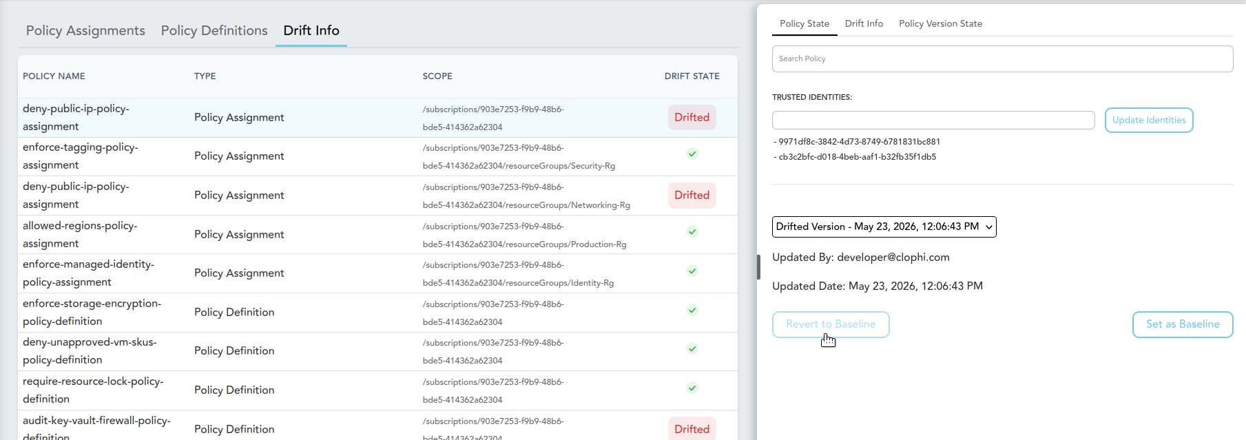Policy Drift Info tab showing detected changes against the baseline