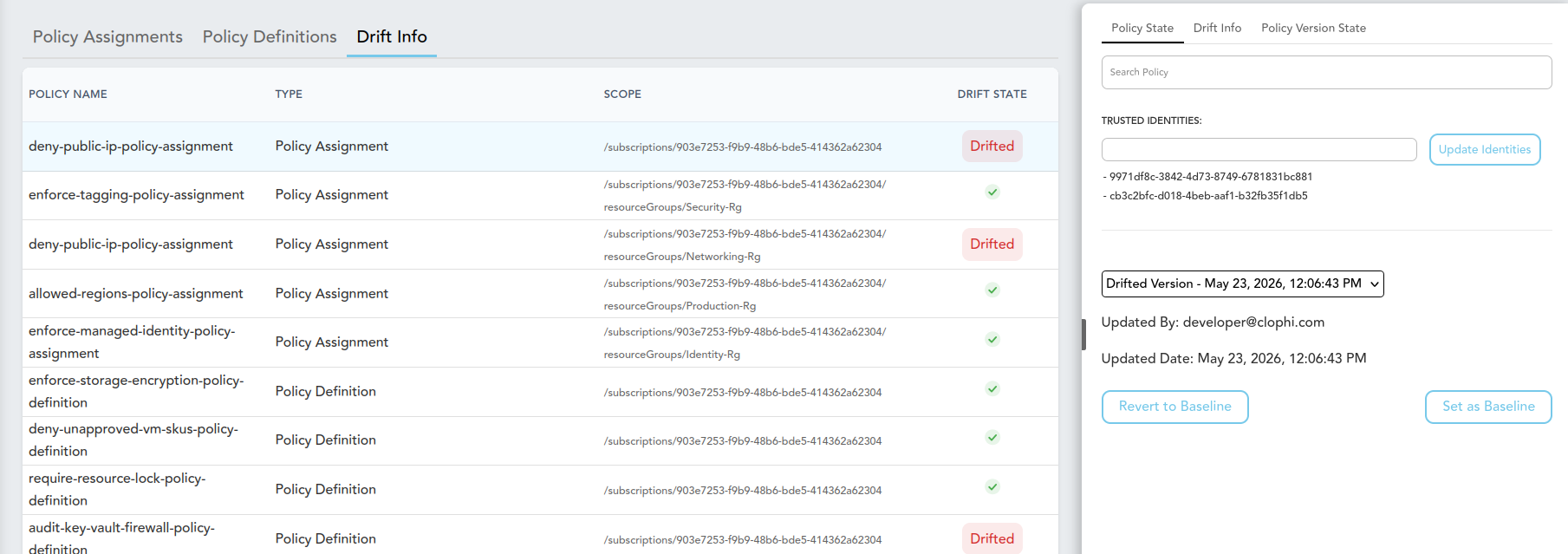 Policy Drift Info tab showing detected changes against the baseline
