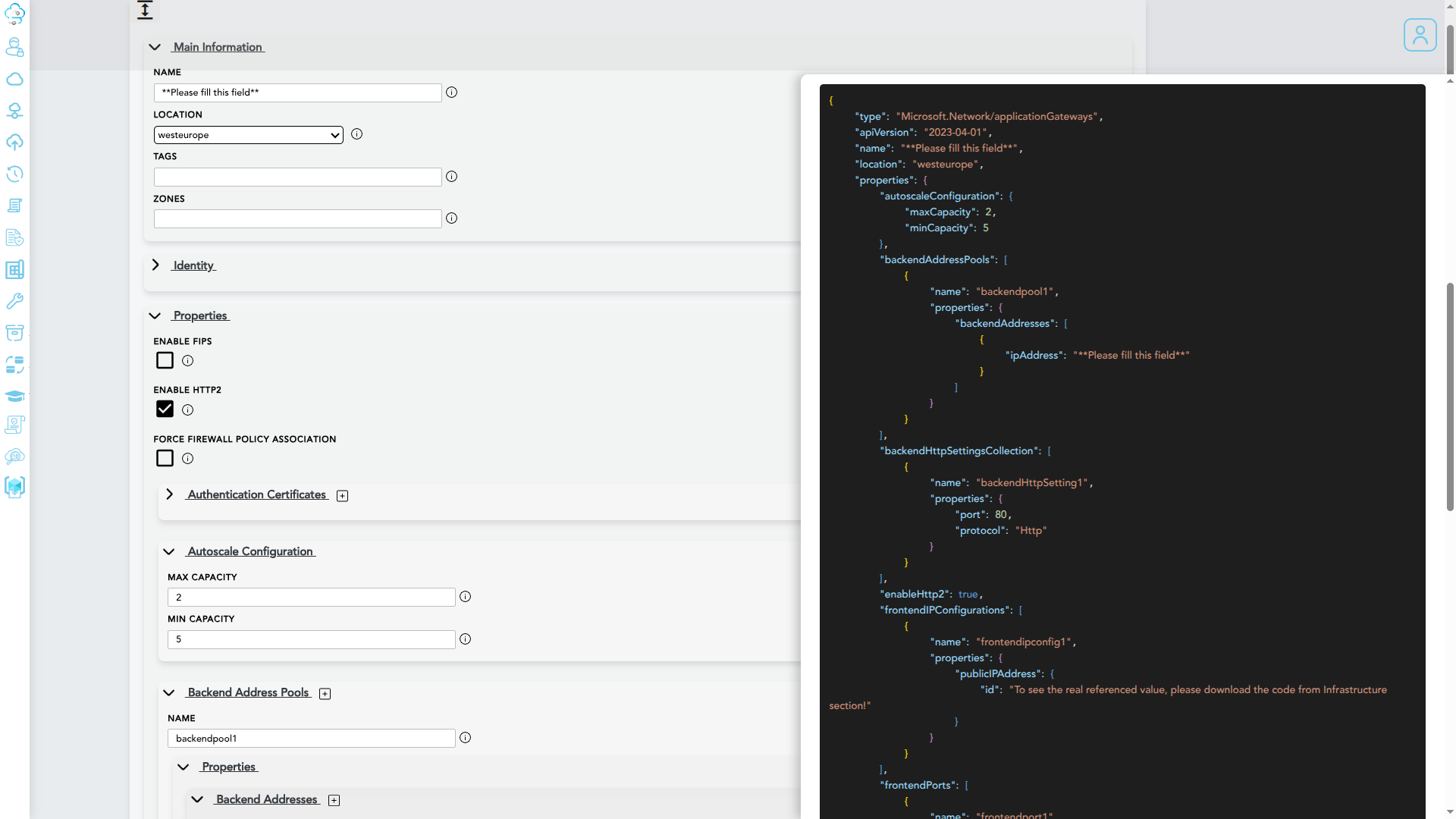 Code tab showing live ARM template with property tree navigation above