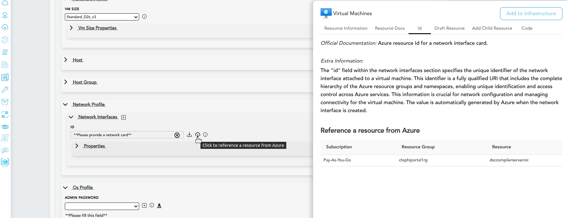 Resource reference field with dropdown listing valid resources from the tenant