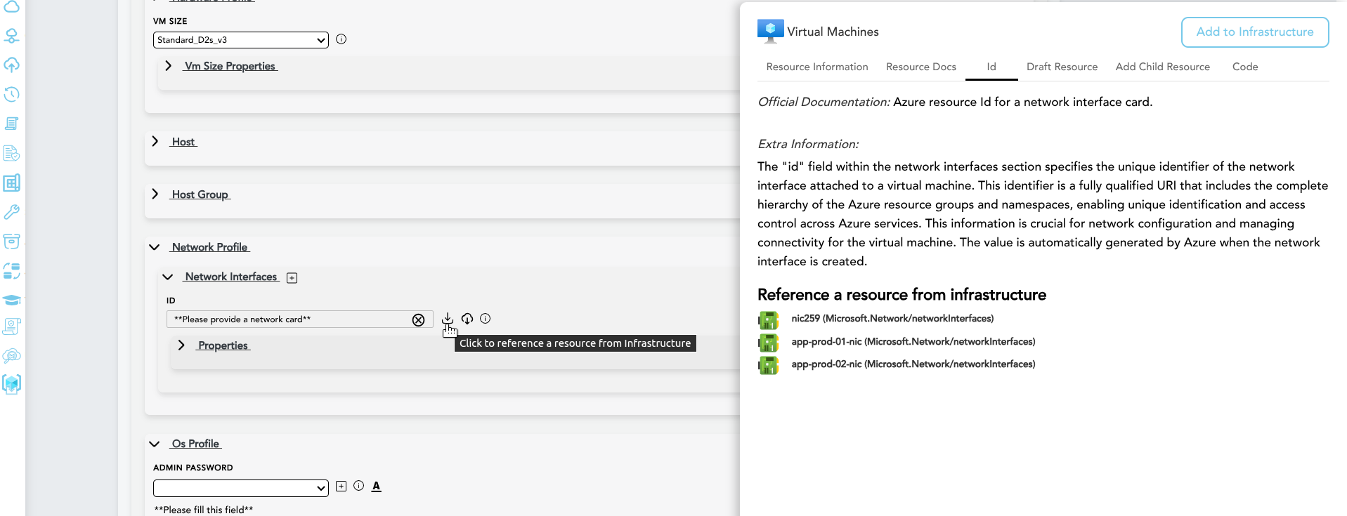 Resource reference field with dropdown listing valid resources from the tenant