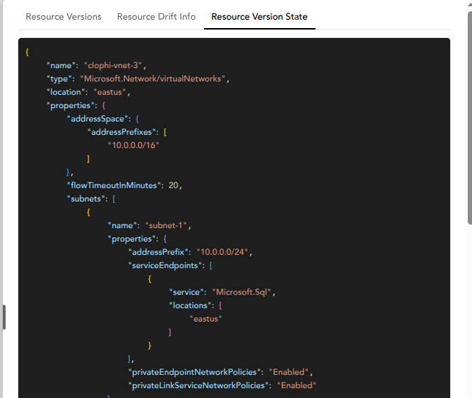 Resource Versions tab showing version history dropdown