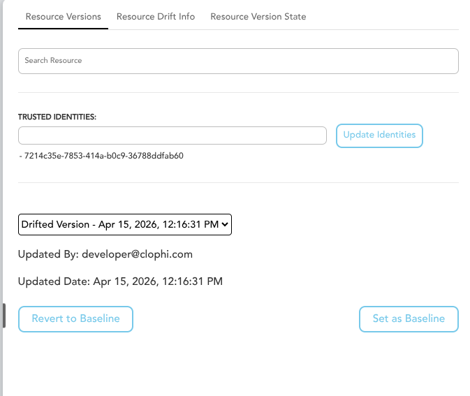 Resource Versions tab showing version history dropdown